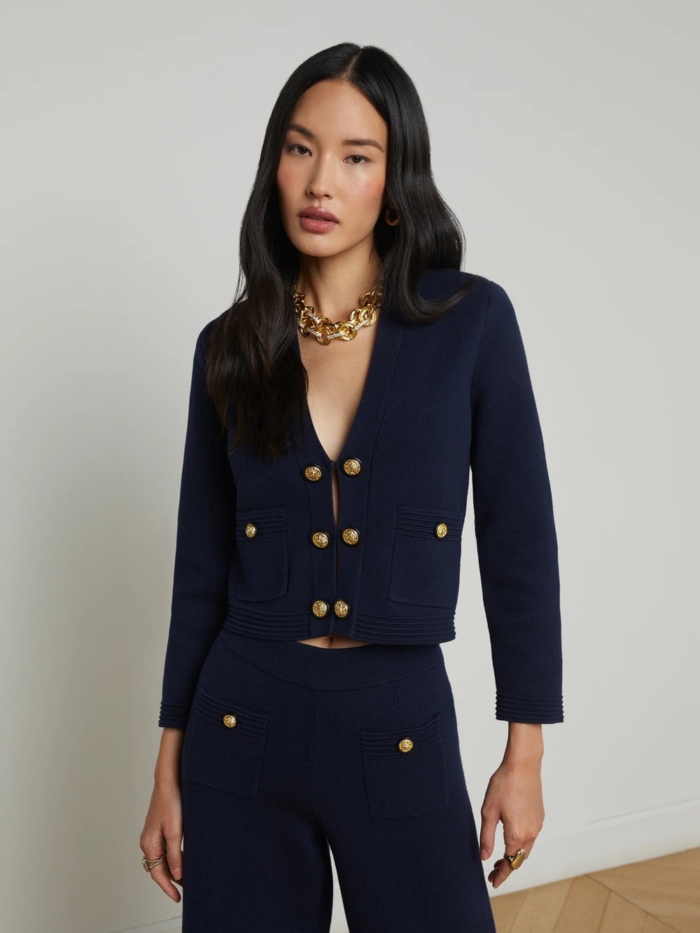 NWT L'Agence Catie Knit Cardigan In Midnight/Gold - Picture 2 of 8